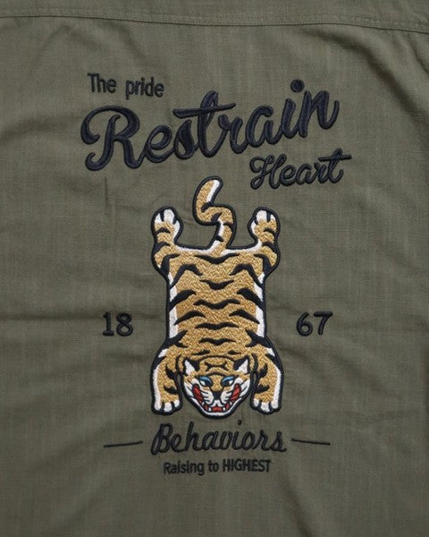 日本代購 POWER TO THE PEOPLE 老虎麻質感刺繡襯衫 卡其色 黑色 L 襯衫男長袖 襯衫