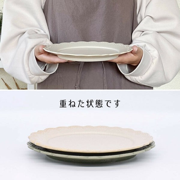 日本製 美濃燒 復古花邊浮雕圓盤 23cm | 大盤 陶瓷餐盤 蛋糕盤 點心盤 小花盤子 三色