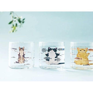 日本 FELISSIMO 貓部 貓咪好想吃魚玻璃杯 透明水杯 透明玻璃杯 - 富士通販