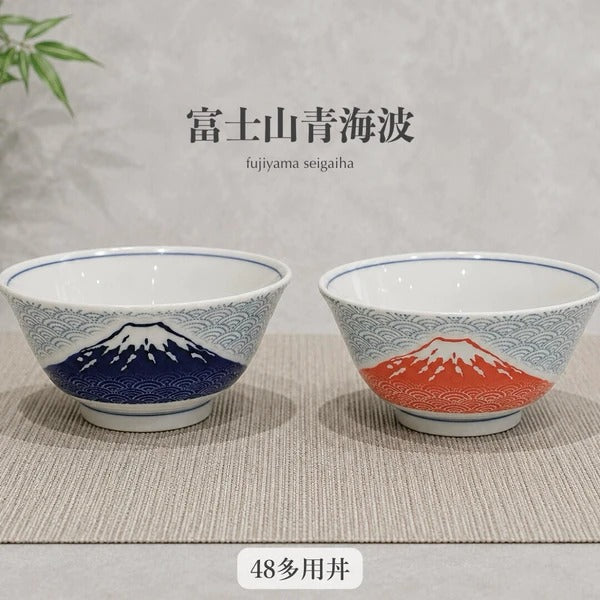 日本製 手繪和風質感 富士山青海波湯碗15cm 紅色/藍色｜陶瓷碗 丼飯碗 拉麵碗 碗公