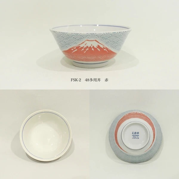 日本製 手繪和風質感 富士山青海波湯碗15cm 紅色/藍色｜陶瓷碗 丼飯碗 拉麵碗 碗公