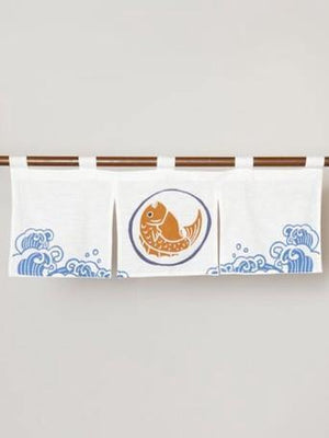 Kaya波紋魚純棉短暖簾(白色/藍色) - 富士通販