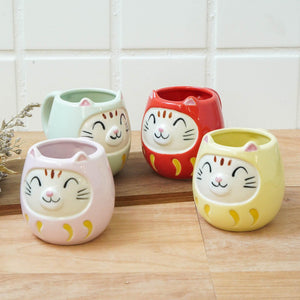 日本製 貓咪達摩 馬克杯 粉紅色/黃色/綠色/紅色 | 達摩 貓奴 日本製造 陶器 陶瓷 咖啡杯 - 富士通販