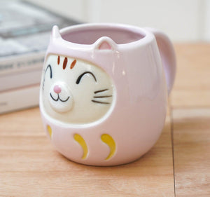 日本製 貓咪達摩 馬克杯 粉紅色/黃色/綠色/紅色 | 達摩 貓奴 日本製造 陶器 陶瓷 咖啡杯 - 富士通販