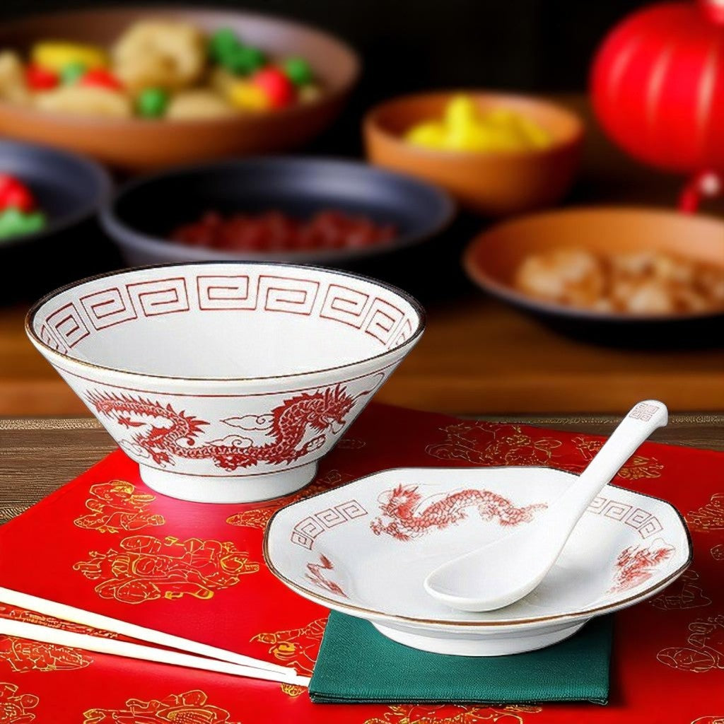 日本製美濃燒龍紋中華料理系列碗盤| 拉麵碗八角盤中國風龍紋大碗公