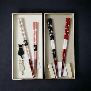 日本製 若狭塗 貓咪 點點 對筷禮盒組｜筷子 對筷 筷架 木筷 結婚禮物 - 富士通販