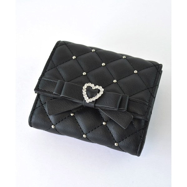 日本 SecretDoor 愛心鑽石釦菱格紋短夾 | 珍珠鉚釘 超薄錢包 錢包女 三折短夾 女生短夾