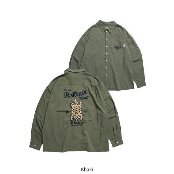 日本代購 POWER TO THE PEOPLE 老虎麻質感刺繡襯衫 卡其色 黑色 L 襯衫男長袖 襯衫