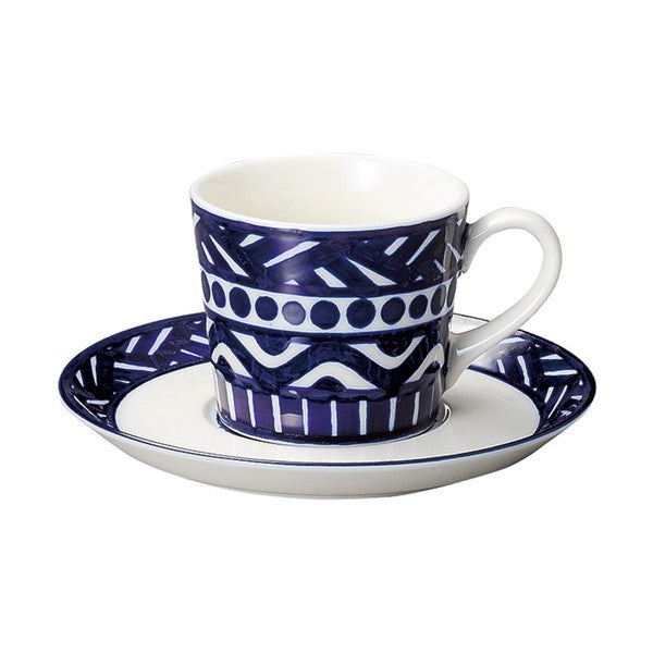 日本製 北歐風藍白圖騰咖啡杯碟 200cc | 巴克風 海軍藍餐盤 甜點盤 幾何盤 紅茶杯 茶杯 杯盤組