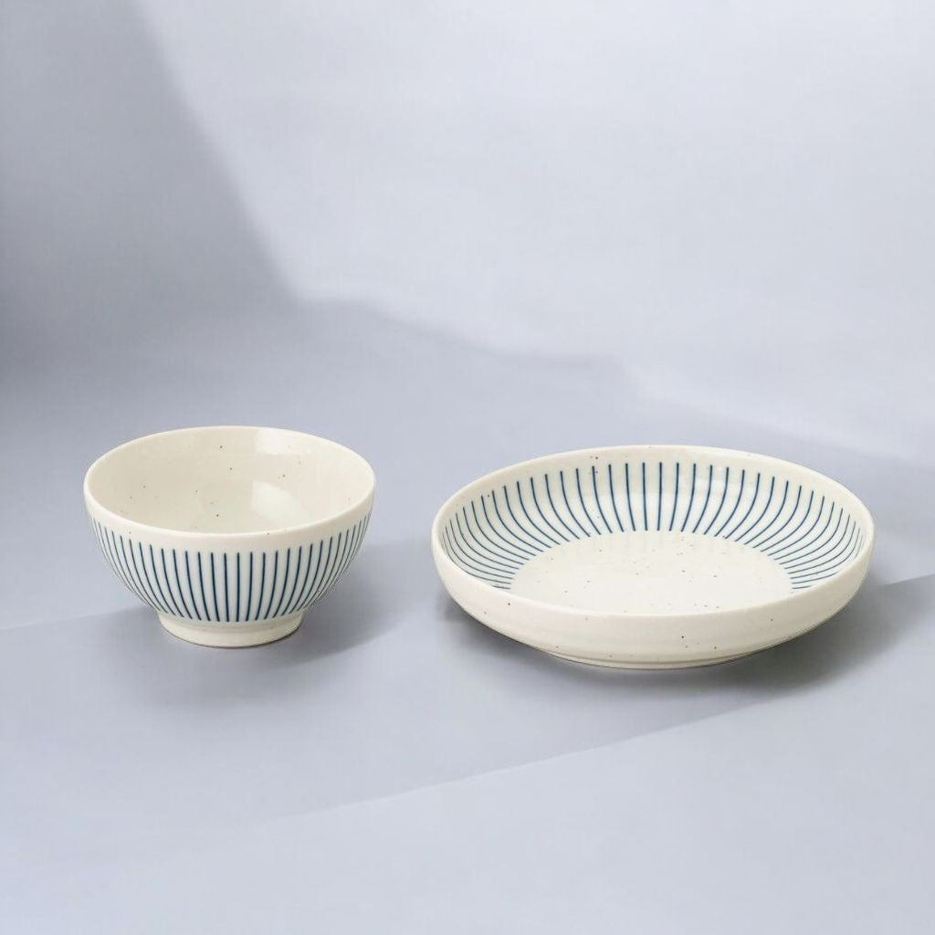 日本製 美濃燒 粉引紺十草 陶瓷碗盤 | 線條餐盤 日本餐盤 圓盤 飯碗 小碗 陶瓷盤 盤子 日本碗