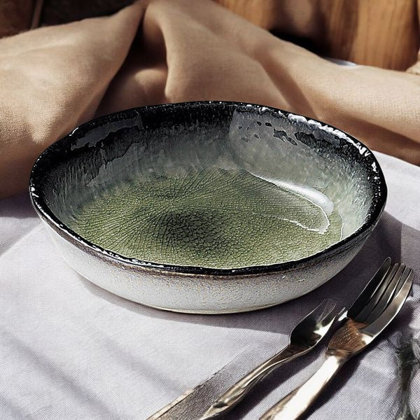 日本製 美濃燒 冰裂紋釉色墨綠中鉢 19cm | 6吋盛鉢 盛菜碗 中鉢 深盤 陶瓷盤 菜盤