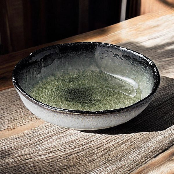 日本製 美濃燒 冰裂紋釉色墨綠中鉢 19cm | 6吋盛鉢 盛菜碗 中鉢 深盤 陶瓷盤 菜盤