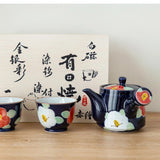 日本製 有田燒 手繪釉彩紅色椿花茶具3入組 側把茶壺 茶杯｜泡茶壺 陶瓷茶杯 入厝禮盒