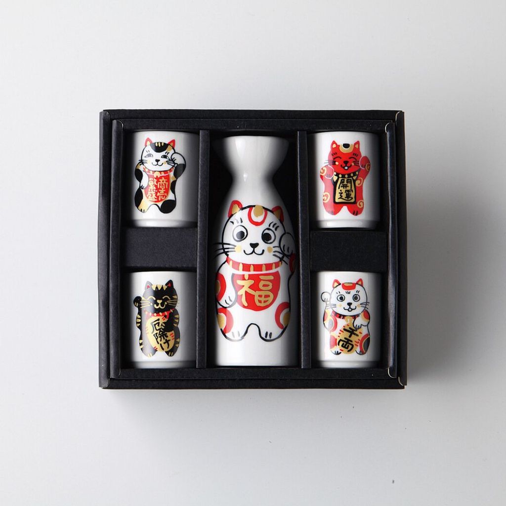 日本製 美濃燒 福樂招財貓酒器5件組 | 德利 清酒壺 清酒杯 杯壺組 陶瓷酒杯組 清酒杯壺組 新年送禮