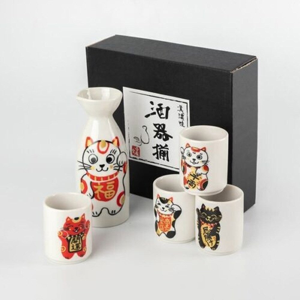 日本製美濃燒福樂招財貓酒器5件組| 德利清酒壺清酒杯杯壺組陶瓷酒杯組