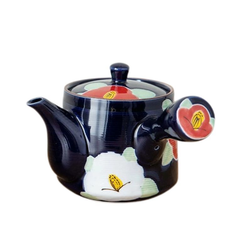 日本製 有田燒 手繪釉彩紅色椿花茶具3入組 側把茶壺 茶杯｜泡茶壺 陶瓷茶杯 入厝禮盒