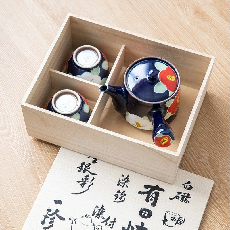 日本製 有田燒 手繪釉彩紅色椿花茶具3入組 側把茶壺 茶杯｜泡茶壺 陶瓷茶杯 入厝禮盒