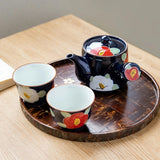 日本製 有田燒 手繪釉彩紅色椿花茶具3入組 側把茶壺 茶杯｜泡茶壺 陶瓷茶杯 入厝禮盒
