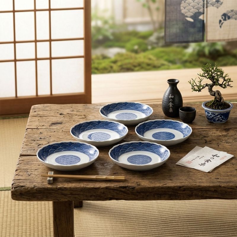 日本製 波佐見燒 日式和風青海波餐盤五入組｜16cm 餐盤組 入厝賀禮