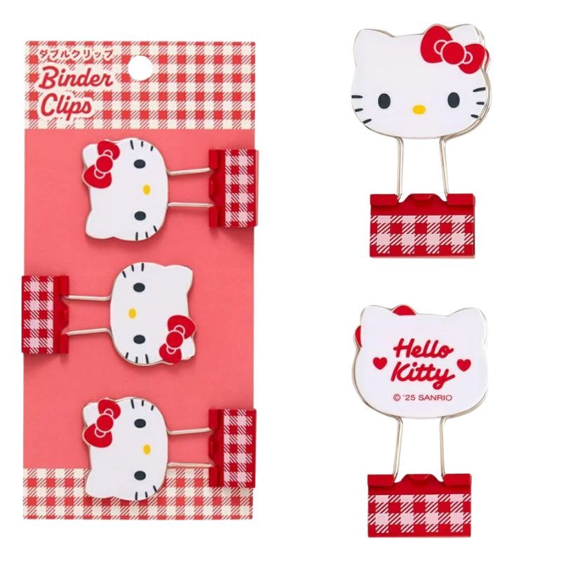日本 Sanrio 三麗鷗格紋造型長尾夾 3入組｜文件夾 手帳夾 燕尾夾