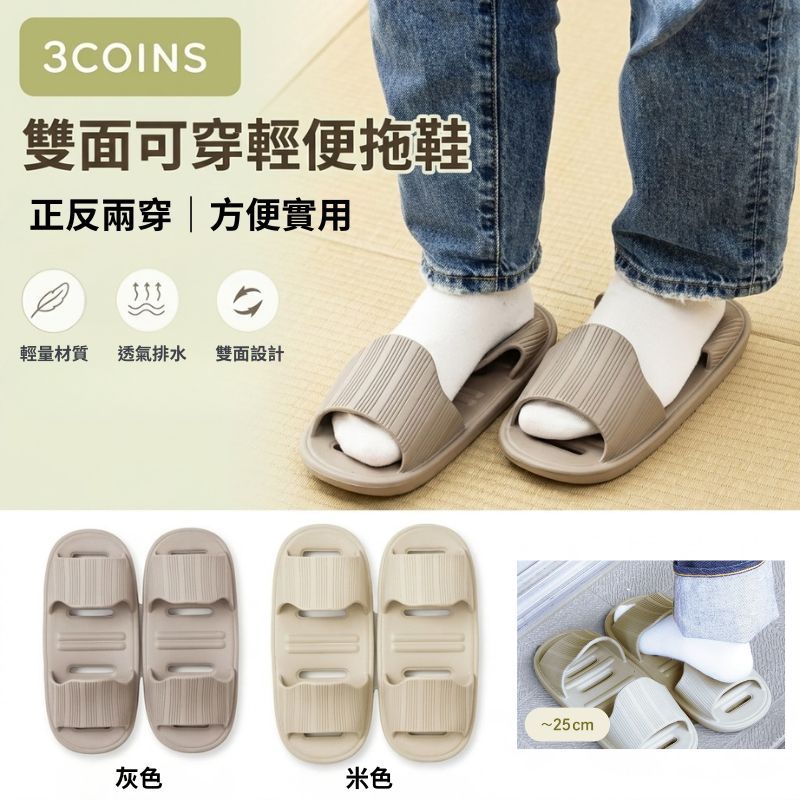 日本 3COINS 雙面可穿拖懶人拖鞋 灰色 米色 25cm｜室內拖鞋 浴室拖