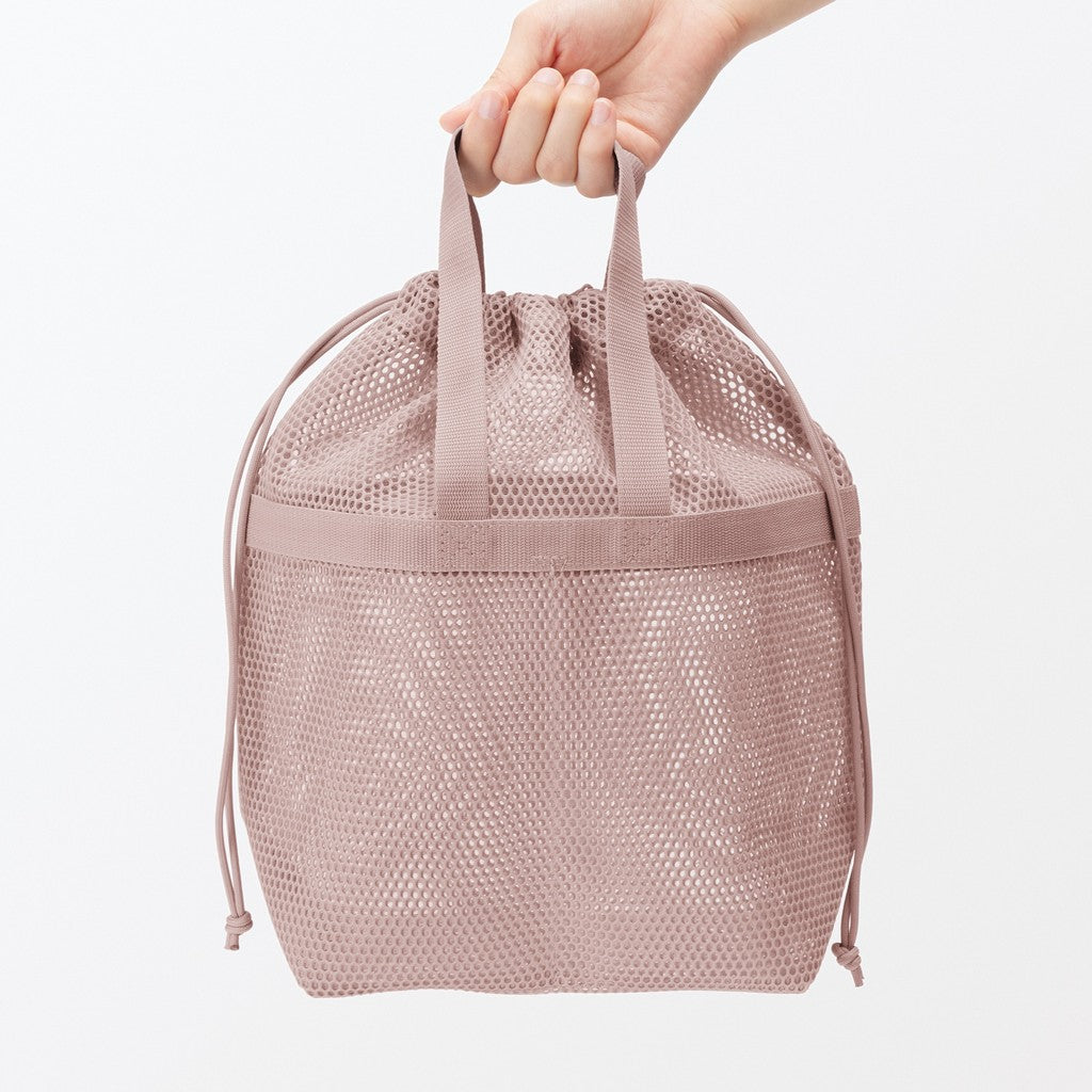 日本 無印良品 立體網狀抽繩包M 黑色 綠色 粉色｜網袋收納包 旅行收納袋 盥洗包