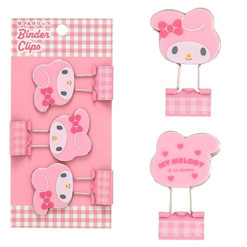 日本 Sanrio 三麗鷗格紋造型長尾夾 3入組｜文件夾 手帳夾 燕尾夾