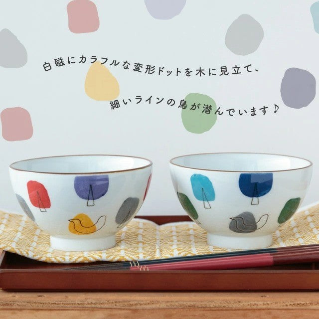 日本製  BISQUE 波佐見燒 彩色森林小鳥圖案夫妻飯碗｜陶瓷碗 對碗 兒童碗 CDF ètendue
