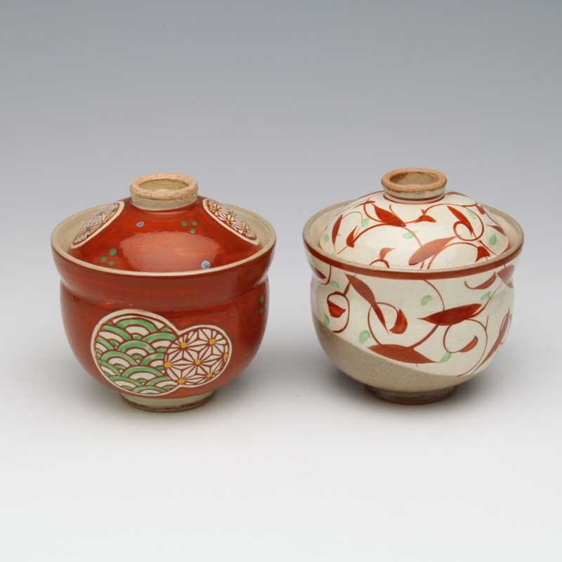 日本製 手繪陶瓷紅色吉祥紋蓋碗 | 蒸蛋碗 甜點碗 茶碗蒸 日本碗 帶蓋碗 湯盅 湯碗 燕窩碗 新年碗盤