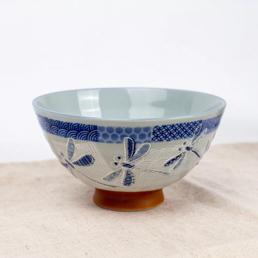 日本製 陶瓷和風藍蜻蜓大碗 14cm | 湯碗 麵碗 輕量碗 高腳防燙設計 日本碗 家用碗 陶瓷碗