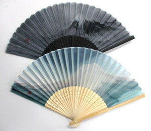 富士山紋布型摺扇-黑/藍｜日本扇子扁扇 - 富士通販