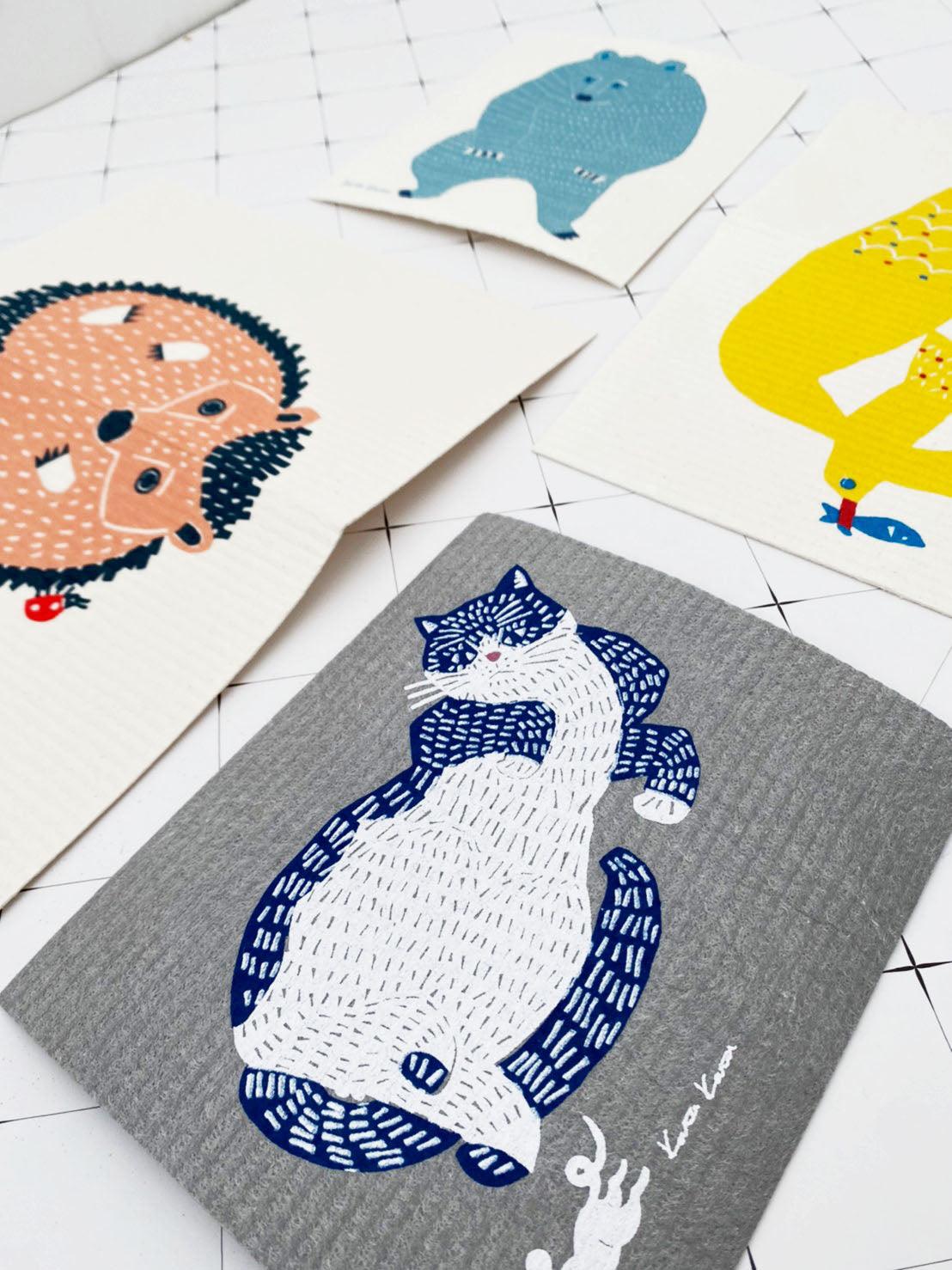 德國製造 動物圖案 纖維素吸水抹布 不掉棉絮 不留水痕｜海鷗 熊 刺蝟 貓咪圖案 兩種尺寸 - 富士通販