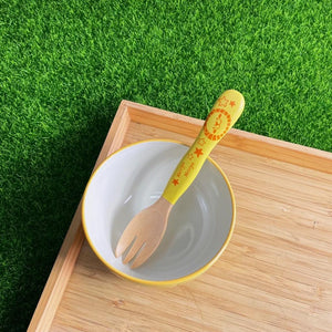 兒童黃色餐叉 兒童餐具 叉子 學習餐具 湯匙 餐叉 木質餐具 幼兒餐具 動物餐具 - 富士通販