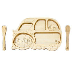 日本製 龍貓公車 木製分隔餐盤 餐具組｜兒童餐具 湯匙叉子 禮盒組 - 富士通販