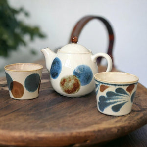 日本製 美濃燒 Brush Blue 手繪 陶瓷茶壺 茶杯 套組 - 富士通販