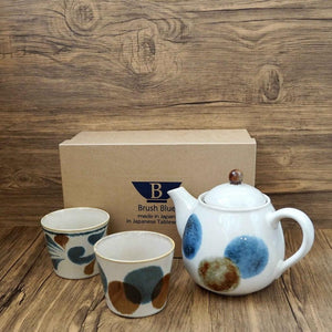 日本製 美濃燒 Brush Blue 手繪 陶瓷茶壺 茶杯 套組 - 富士通販
