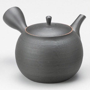 日本製 常華燒 玉光黑千段線條 側把壺｜陶瓷茶壺 泡茶壺 - 富士通販